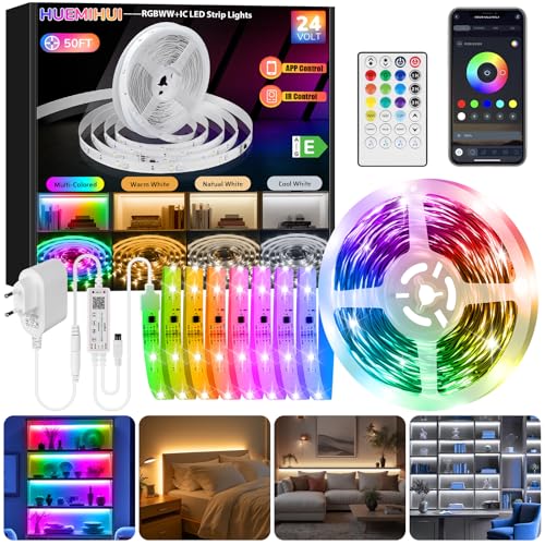 15M RGBWW+IC LED Streifen,Dimmbarer Dreamcolor+3000K-6500K Warmweiß Naturweiß Kaltweiß LED Strip mit Fernbedienung & APP,Selbstklebende Schneidbare Flexibel 24V LED Lichtband für Zuhause Küche Treppe