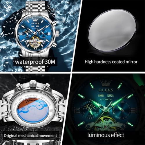 Image of OLEVS Automatic Watches for Men Luxury Skeleton Multi-Function Mechanical Watch Self Winding Date Waterproof Luminous Mens Watch