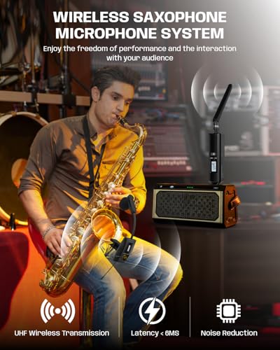 Image of Saxophone Microphone, UHF Rechargeable Wireless Instruments Microphone System with Transmitter and Receiver 196ft Range, Clip on Condenser Mic for Trumpet, Trombone, Saxofon, Most Brass Instruments