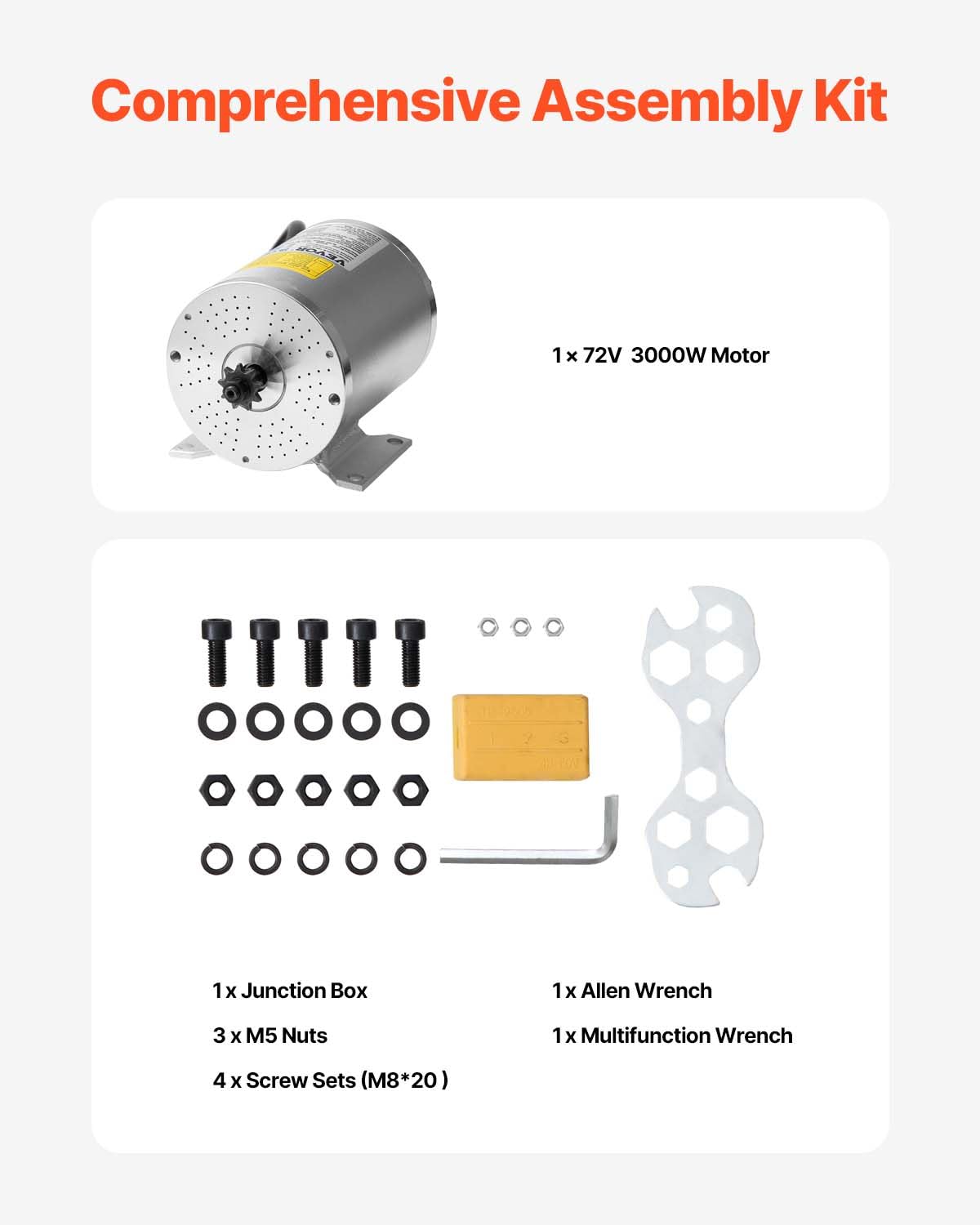 VEVOR Kit Motore Elettrico Senza Spazzole 134 x 107 x 112 mm 3000 W Motore Elettrico 72 V a 4900 Giri/min Motore CC Senza Spazzole, Funziona in Modo Efficiente, per Go Kart, Bici Elettrica, Scooter