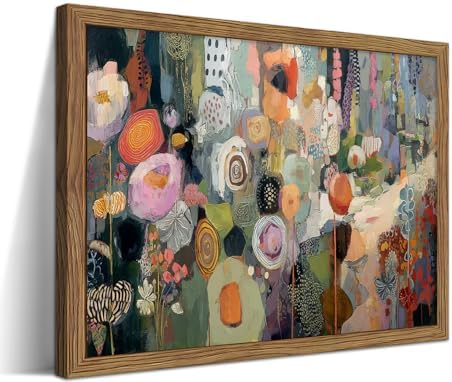 Framed Vintage Colorful Flower Canvas Wall Art, Abstract Floral Graffiti Poster Prints, Modern Boho Botanical Artwork, Elegant Nature Wall Decor for Living Room Bedroom Office 8x10in
