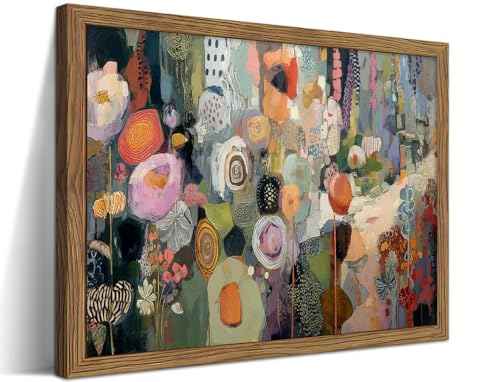 Framed Vintage Colorful Flower Canvas Wall Art, Abstract Floral Graffiti