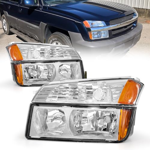 AXLAHA Headlight Assembly for 2002 2003 2004 2005 2006 Chevy Avalanche 1500 2500 Fits Body Cladding Models with Chrome Housing Amber Reflector Passenger and Driver Side(No Bulb)