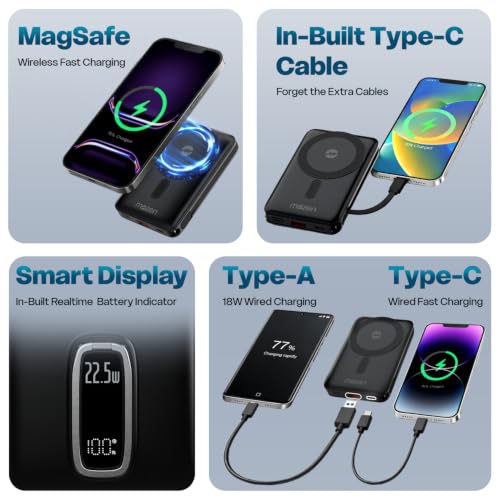 Image of Mozen Surge Air X1 (2-in-1) Wired+Wireless Power bank /MagSafe PowerBank 10000mAh Slim Design with Built-in Display,Stand&Cable, 22.5W Type-C Input /Output+18W USB-A,15W Qi Wireless for Android&iPhones.