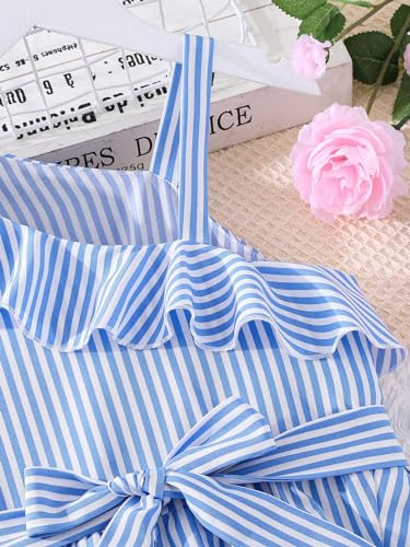 OYOANGLE Girl's Dress Striped Ruffle Trim Bow Front Asymmetrical Neck Sleeveless A Line Summer Midi Dresses4