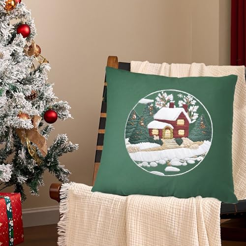Image of FONNUY Christmas Embroidery Kit for Beginners, Throw Pillow Case Cross Stitch Set Winter Snow House Holly Tree Pattern for Adults, Hand Works Crafts Throw Pillow Cover, 18 x 18'' (Green)