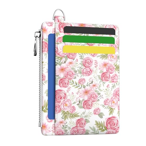 Image of Hancynir Slim Wallet Women Credit Card Holder Rose Flower Floral RFID Blocking Small Cute Card Wallets Mini Front Pocket PU Leather Card Case Thin Travel Zipper Coin Cash Ladies Female Wallet Gifts