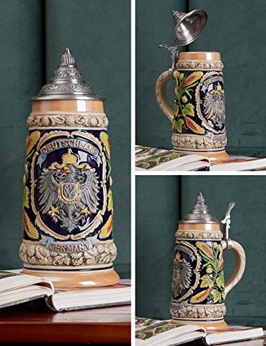 HAUCOZE Beer Stein German Beer Stein Ceramic Beer Mug Handmade Cup Tankard Petwer Lid Germany Coats of Arms Relief Gifts Souvenirs Giftbox 0.6 Liter - Thumbnail 7