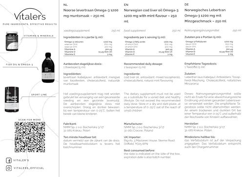 Vitaler’s Omega‑3 Lebertran | Norwegisches Fischöl 1200 mg | EPA, DHA, Vitamin A, D, E | Minze | 250 ml