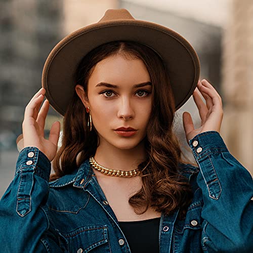 Image of Wide Brim Fedora Hats for Women Mens Felt Fedora Hats With Belt Buckle