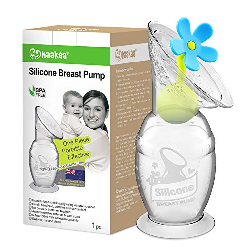 Haakaa Manual Breast Pump Silicone Breastpump Milk Pump Milk Saver with Suction Base and Flower Stopper 100% Food Grade Silicone BPA Free (5oz/150ml) (Blue)
