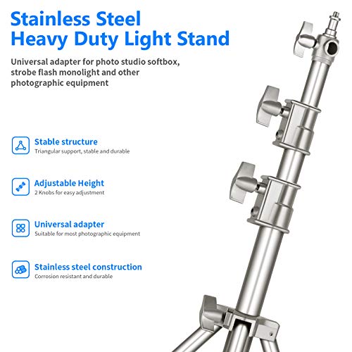 Image of NEEWER 118 inch /3m Stainless Steel Light Stand, Spring Cushioned Heavy Duty Photography Tripod with 1 /4 inch to 3 /8 inch Universal Screw Adapter for Strobe, LED Video Light, Ringlight, Monolight, Softbox