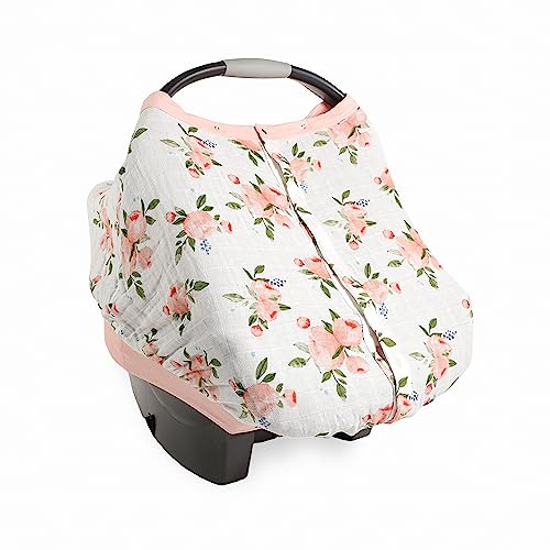 Image of Little Unicorn Baby Car Seat Canopy | Soft & Breathable Muslin Fabric | Magnetic Closure Cover & Universal Fit | for Protection & Privacy | Nursing Cover (Watercolor Roses)