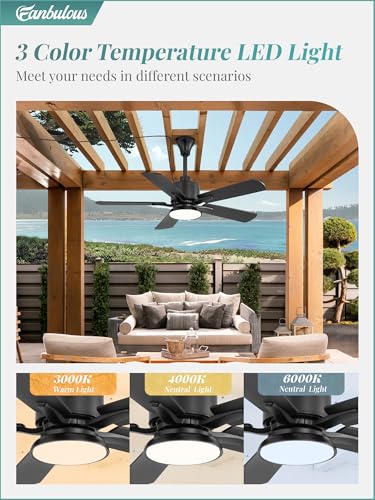 Fanbulous 42" Outdoor Ceiling Fans with Light for Patios, IP65 Waterproof Gazebo Fan, Plug in Ceiling Fan with Remote, 3CCT 6-Speed Black Ceiling Fan with Hanging Hook for Porch, Pergola,Canopy - Image 4