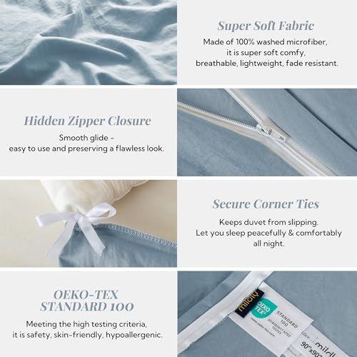 Image of MILDLY Duvet Cover Twin Ultra Soft Comforter Cover Set 2pcs, Haze Blue | Washed Microfiber Cotton-Like, Breathable Comfort, Hidden Zipper, Corner Ties, OEKO-TEX Certified, Fade Resistant