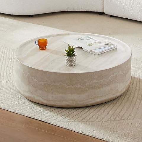 39.37'' Faux Mars Pattern Coffee Tables for Living Room Round Tea Faux Travertine Textured Table for Living Room, No Need Assembly. (Mars, 39.37) Cover
