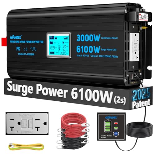 Image of 3000 Watt Power Inverter Pure Sine Wave with 6100Watt Surge for 2S 12V DC to 120V AC Converter,UL Listed GFCI outlets, Lithium Battery Compatible for RVs,Off-Grid Solar Power Inverter by GIANDEL