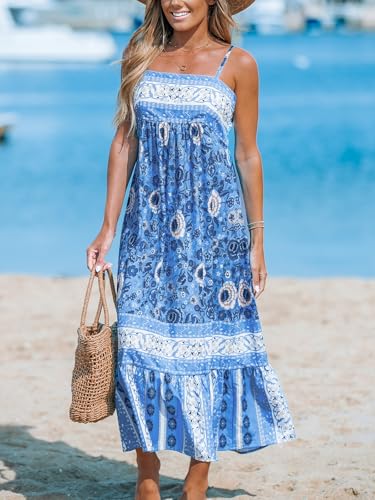 Image of CUPSHE Women's Floral Maxi Dress Spaghetti Strap Summer Boho Beach Dress Smocked Sundress Casual Vacation Flowy Long Dress