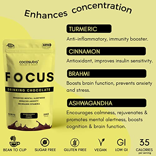 Image of Cocosutra FOCUS - Sugar Free Ashwagandha Drinking Chocolate Mix | Enhances Mental Alertness & Reduces Stress | Keto Friendly | Enjoy hot or cold | 200 g (Pack of 2)