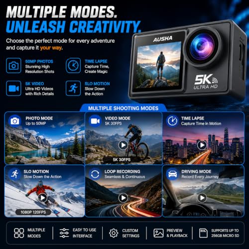 Image of AUSHA 5K Action Camera | 5K Ultra HD Videos, 50MP Photos, Dual Color Screen, WiFi, 30M Waterproof Case, Remote Control, 170 Wide Angle Sports Camera for Bike, Travel & Vlogging