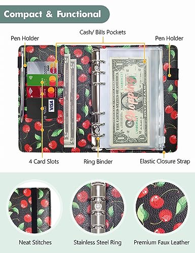 Image of A6 Budget Binder for Money Saving, PU Leather Budget Planner with 8 Cash Envelopes, Budget Sheets & Rose Gold Category Stickers, Money Organizer for Cash (Red Cherry)