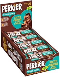 Perkier Bars, Salted Caramel & Dark Chocolate (15 Bars) - Healthy, Vegan and Gluten Free Low Calorie Snack Bars