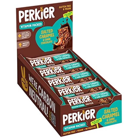 Perkier Bars, Salted Caramel & Dark Chocolate (15 Bars) - Healthy, Vegan and Gluten Free Low Calorie Snack Bars Cover