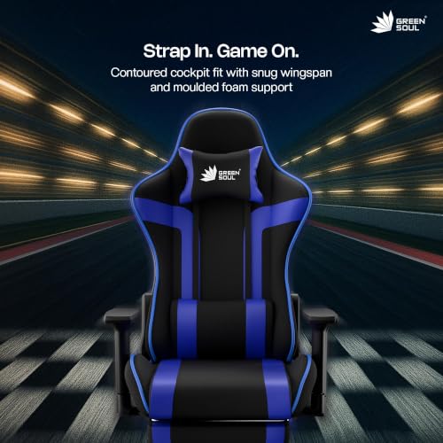 Image of Green Soul Raptor Pro Racing Edition|Ergonomic Gaming Chair with Massager & Legrest|Premium Fabric | 3D Armrest | Adjustable Neck & Lumbar Pillow|3 Year Warranty (Black & Blue)
