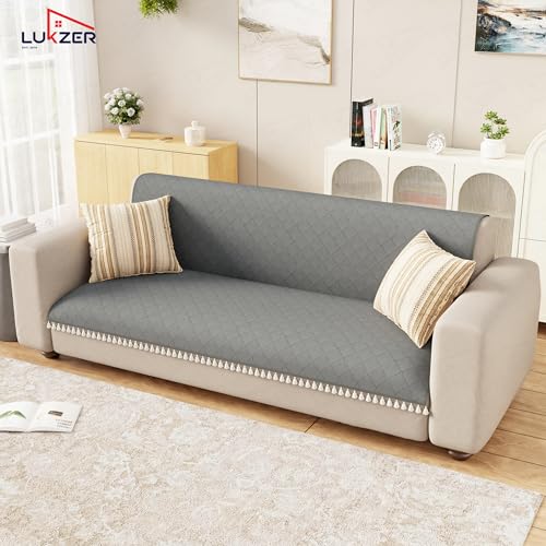 Image of Lukzer Quilted Sofa Cover Mat with Tassels for 2 Seater Sofa - Stone Grey | Soft Washable Anti-Slip Protector for Living Room | Furniture Cover for Back-Seat Slipcover 120X150CM / SC-193-2T