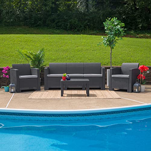 Flash Furniture Seneca Dark Gray Faux Rattan Sofa with All-Weather Seneca Light Gray Cushions