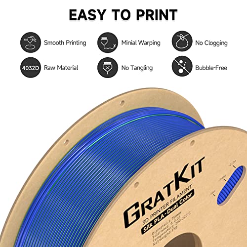 Image of Gratkit Silk Dual Color PLA Filament, Coextrusion PLA Filament 1.75mm, + /-0.03mm, 1KG /Roll, Silk PLA Blue & Green