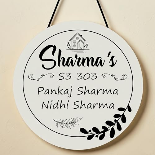 Image of P Arts Personalized Door Name Plate for Home Entrance Round Shaped 10x10 Inch Name plate for home entrance, Door name plates MDF Wood, Black & White (Engraved-02)