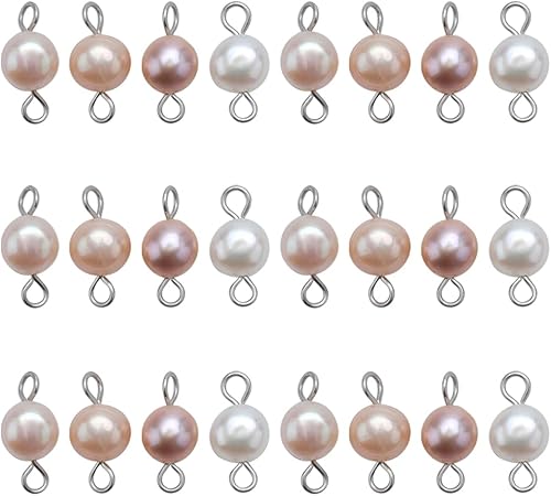 SUNNYCLUE 1 Box 30Pcs Natural Freshwater Pearl Beads Double Loop Links Connectors Baroque Pearls Round Beads 304 Stainless Steel Connector for Women