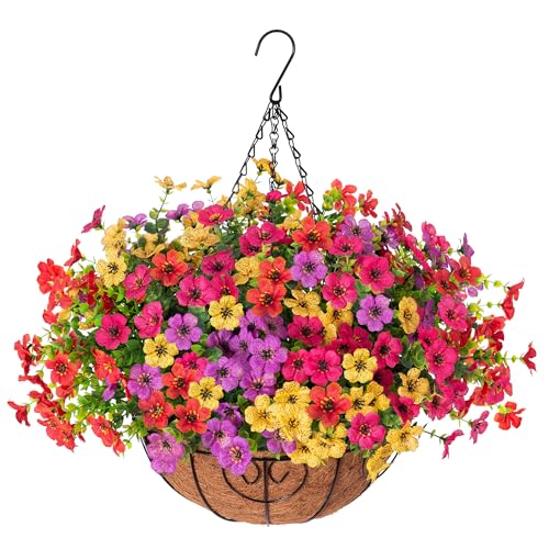 Artificial Fake Hanging Flowers Plants Basket for Summer Outdoor Outside Decoration Faux Silk Colorful Daisy in Planter Look Real UV Resistant Home Porch Patio Balcony Yard Decor