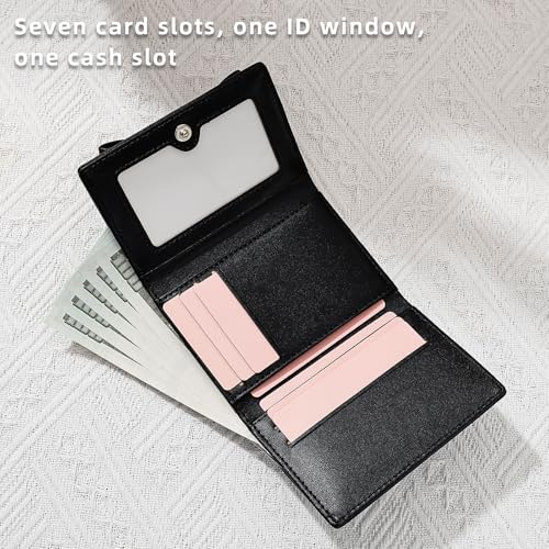 Small Wallets Woman, Cute Tri-fold Ladies Coquette Wallet for Women, Black Bow Credit Card Coin Holder Purse with ID Window for Cash Key Change (Black)4
