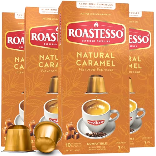 Roastesso Coffee, Natural Caramel Flavored Espresso Pods, Nespresso Capsules Compatible with Original Line Machines, Barista Creations Flavor Pack, Medium Dark Roast Ristretto (40 Count)