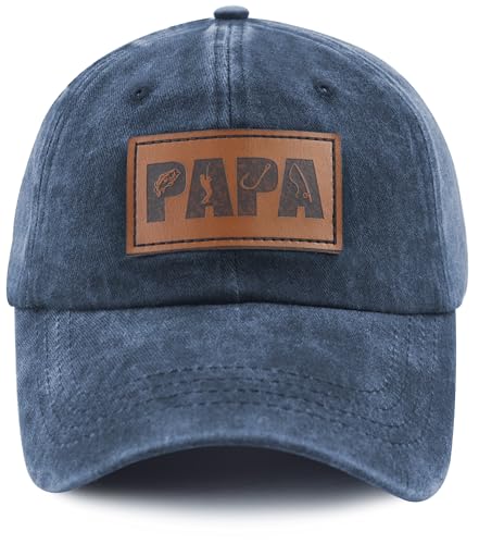 Image of Fishing Papa Hats for Men, Vintage Cotton Fishing Decor Leather Patch Baseball Cap for Dad Papa