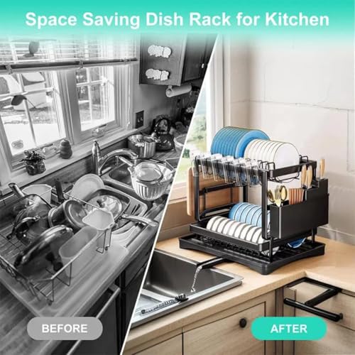 Image of HomeCloud 2-Tier Kitchen Dish Drying Rack & Drainer | Large Capacity Dish Stand with 360 Flexible Drainage System, Removable Drip Tray, Cutlery Holder & Cup Organizer for Countertop (Dark Black)