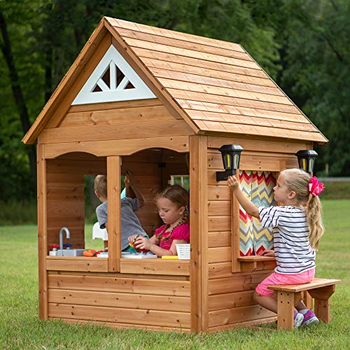 Image of Backyard Discovery Aspen Cedar Wooden Kids Playhouse Cottage with Play Kitchen, Snack Bar, Picnic Bench, Dinner Bell, Mailbox, Dutch Door, Flowerpot Holders, Toy Lights, Country Style for Outdoor Play