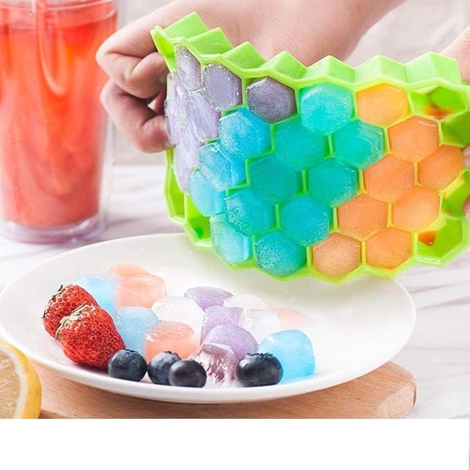 Image of Pack of 2 Flexible Silicone Shape Honeycomb 37 Cavity Ice Cube Mould Tray for Freezer, Chocolate Cake Maker, Ice Trays for Chilled Drinks, Reusable Color May Vary