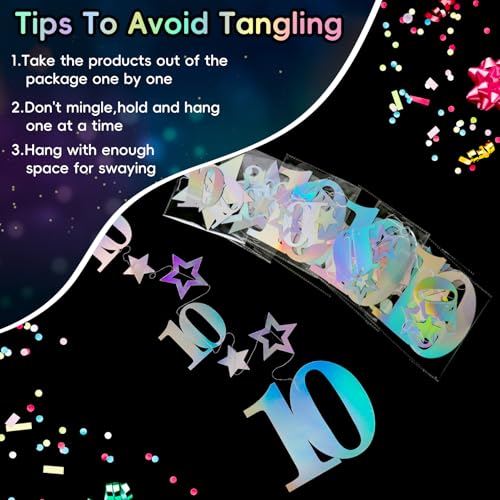 Image of Eucutur Iridescent 10th Birthday Decorations for Girls Boys, Pre-Strung Glitter Twinkle Number Vintage 2016 10 Years Old Hanging Streamer Banner Party Supplies, Double Digits 10th Bday Photo Props