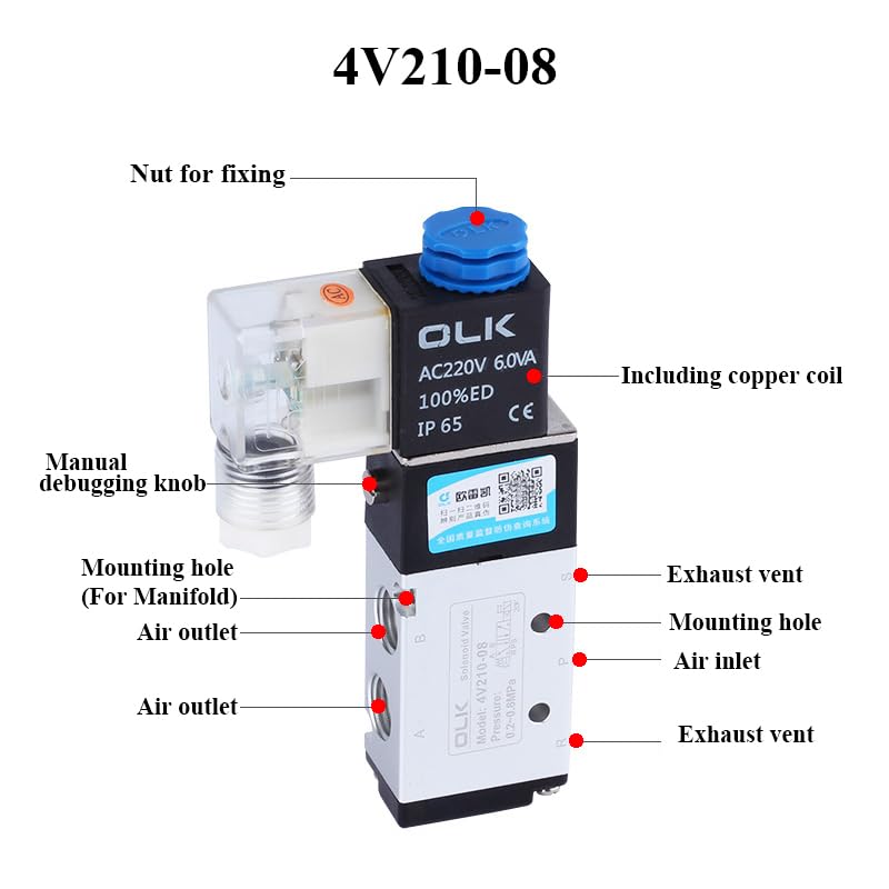 Válvula solenoide de 5 vías, Control de 2 Posiciones, válvula magnética de Gas y Aire, Accesorio for Manguera de 4mm-12mm(Only 4V210-08,AC220V)