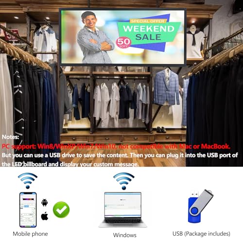 Image of P3 Full Color LED Scrolling Programmable Sign Brightness Adjustable, IP65 Outdoor Digital Message Board, WiFi + USB Control Led Message Signs for Restaurant to Display Text /Images /Video 40''x17''