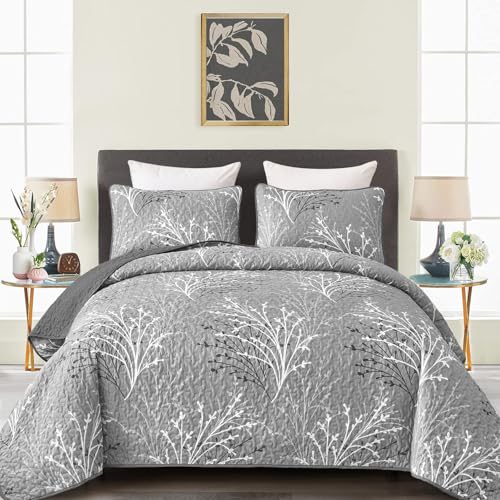 DJY Grey Quilt Set California King Size - Branch Botanical Bedspread Coverlet Set, 3 Piece Gray Floral Quilt Bedding Set Soft Lightweight Summer Bedspread Bedding Cover for All Season