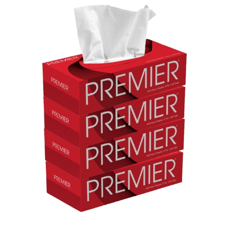 Image of Premier 2-Ply Box Face Tissue Papers - 100 Pulls per Box (Pack of 4, 400 Pulls, 800 Sheets) -Ultra Soft, Gentle & Highly Absorbent Facial Tissues for Home, Office, Car & Travel | Red