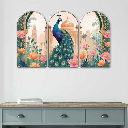 Image of Livin'luxe Peacock Wall Art | Set of 3 MDF Panel Paintings | Floral Mughal Palace Theme Decorative Wall Hanging for Living Room, Bedroom & Home Decor (20 x 30 Inch) RPNS-05