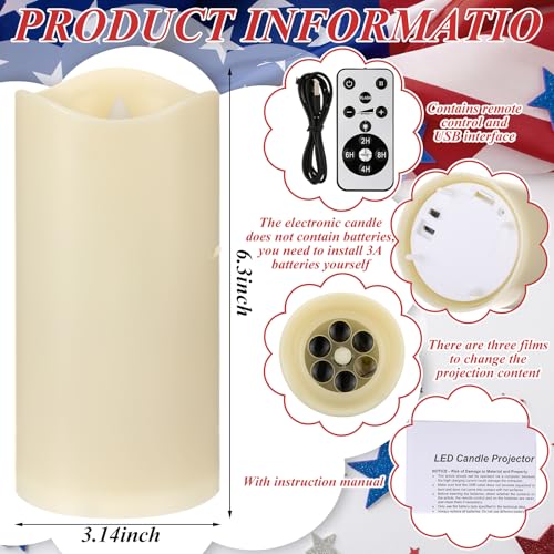 Image of 4th of July Flameless Candles Patriotic Projector Lights Red White Blue LED Candle Star Battery Operated Night Light with Remote Timer 250th Anniversary Independence Day Party Indoor Bedroom Decor