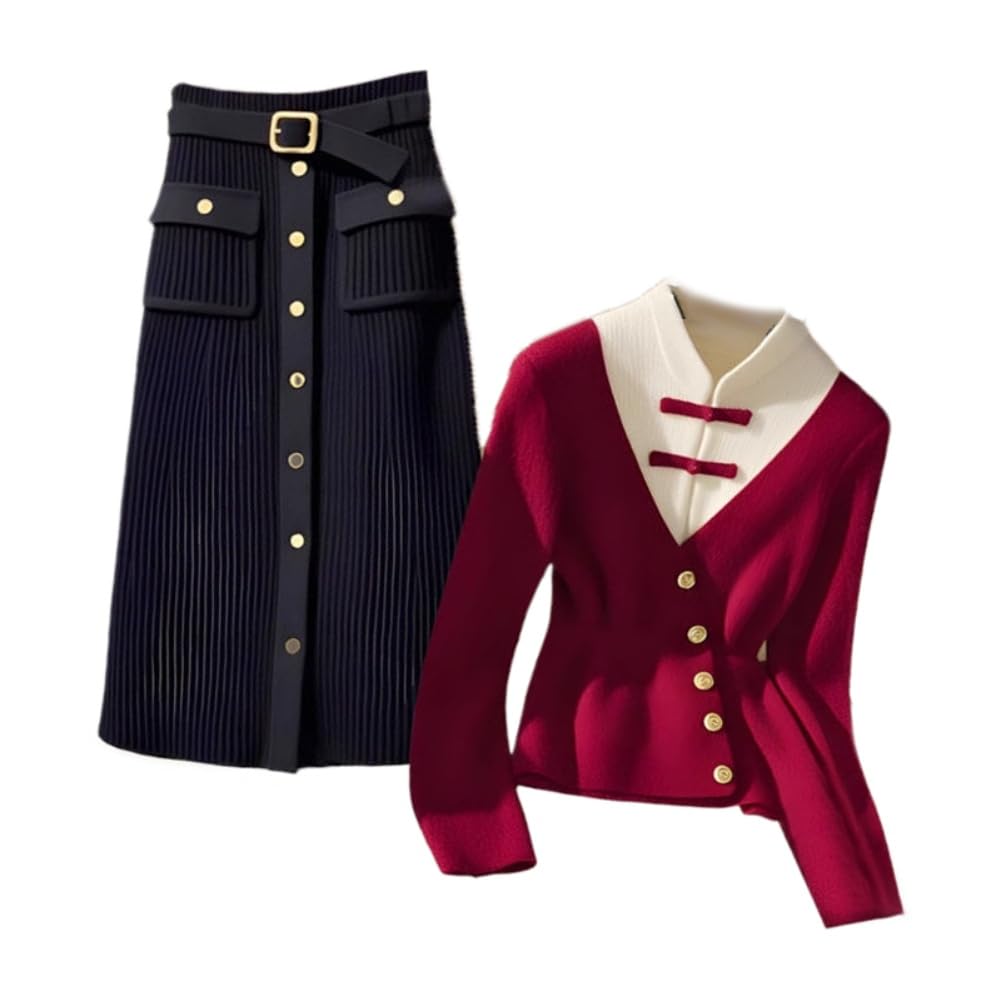 Chinese Style red Two Piece Sweater Winter Black Skirt Set for Women