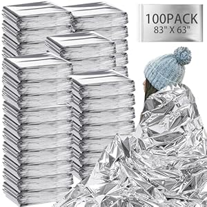 100 Pack Emergency Blankets Bulk 83″ x 63″ Survival Thermal Blankets Pack Silver Foil Reflective Safety Blanket for Cold Outdoor Camping Homeless First Aid Space Emergency Blanket