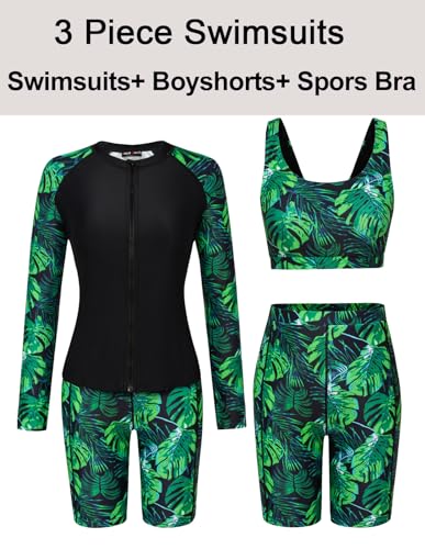 Image of JACK SMITH Womens Swim Shirt Tankini Swimsuits with Shorts Full Coverage Long Sleeve Surfing Bathing Suits Green Leaves
